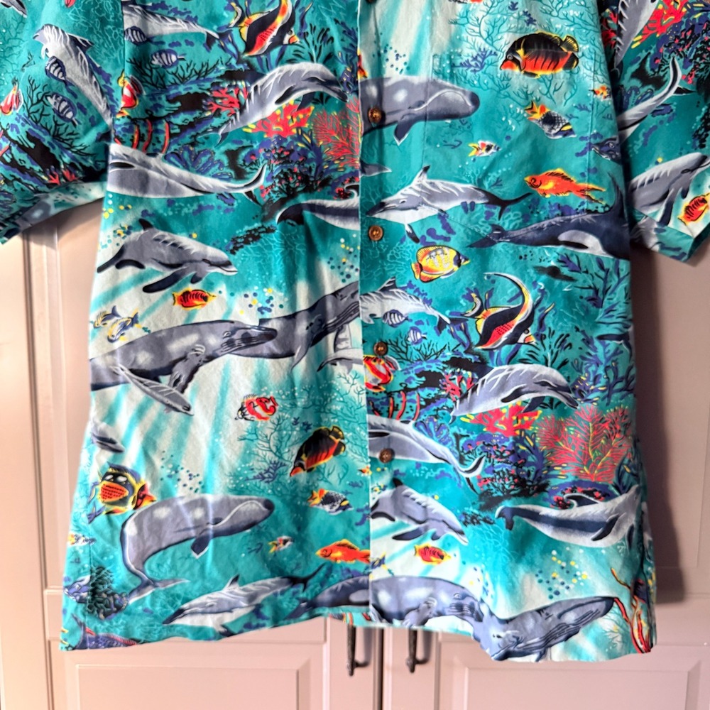 Kolekole Vintage Mens Hawaiian Marine Life Aloha Shirt, Teal, M - Picture 9 of 12